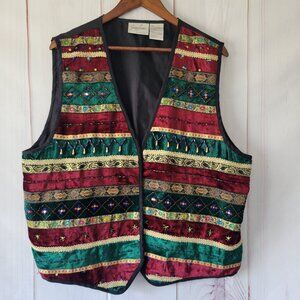 Vintage Jaclyn Smith Plus Size Velvet Vest, Women’s 18W, Red/Green Stripes